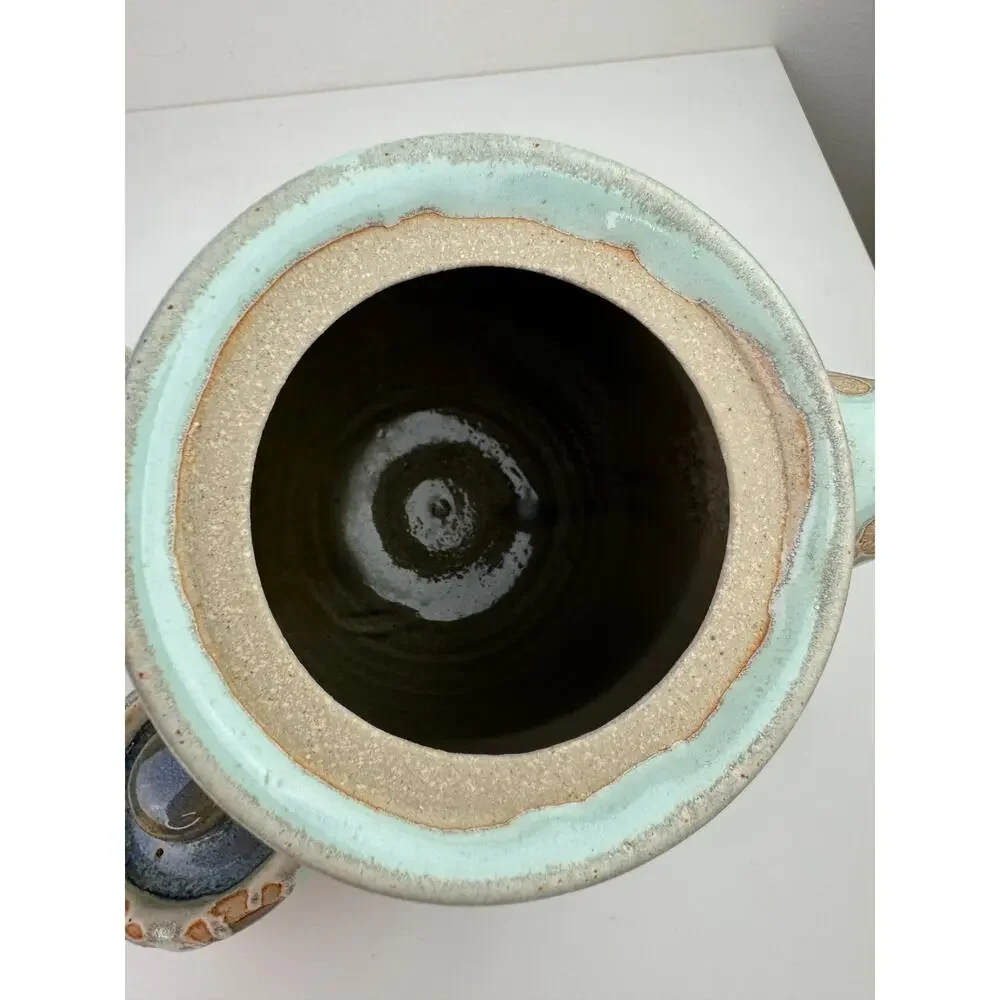 OOAK Blue Beige Ceramic Hand Thrown Pottery Tea Plate Cup Teapot Tea Set 3-Piece